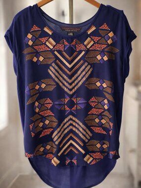 Catherine Malandrino Embroidered Silk Blouse Navy Boho Chic Top L